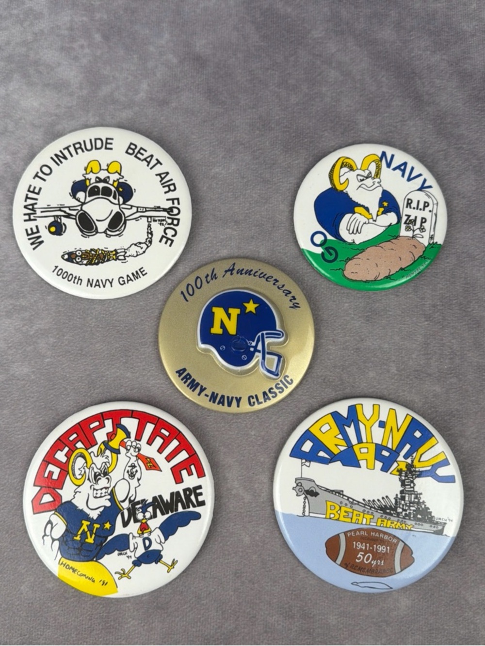VTG Go Navy Football Military Pinbacks Set Army Goat Hensel Pearl Harbor 5pc